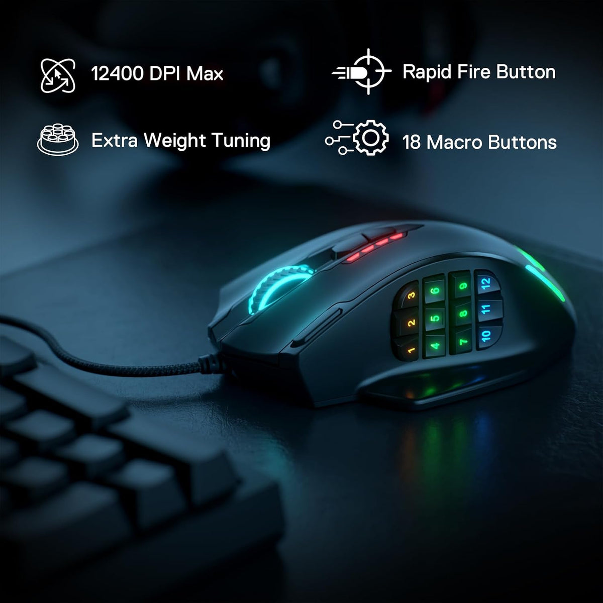 Redragon M908 Wired MMO RGB Gaming Mouse 12400 DPI Remapping Keys
