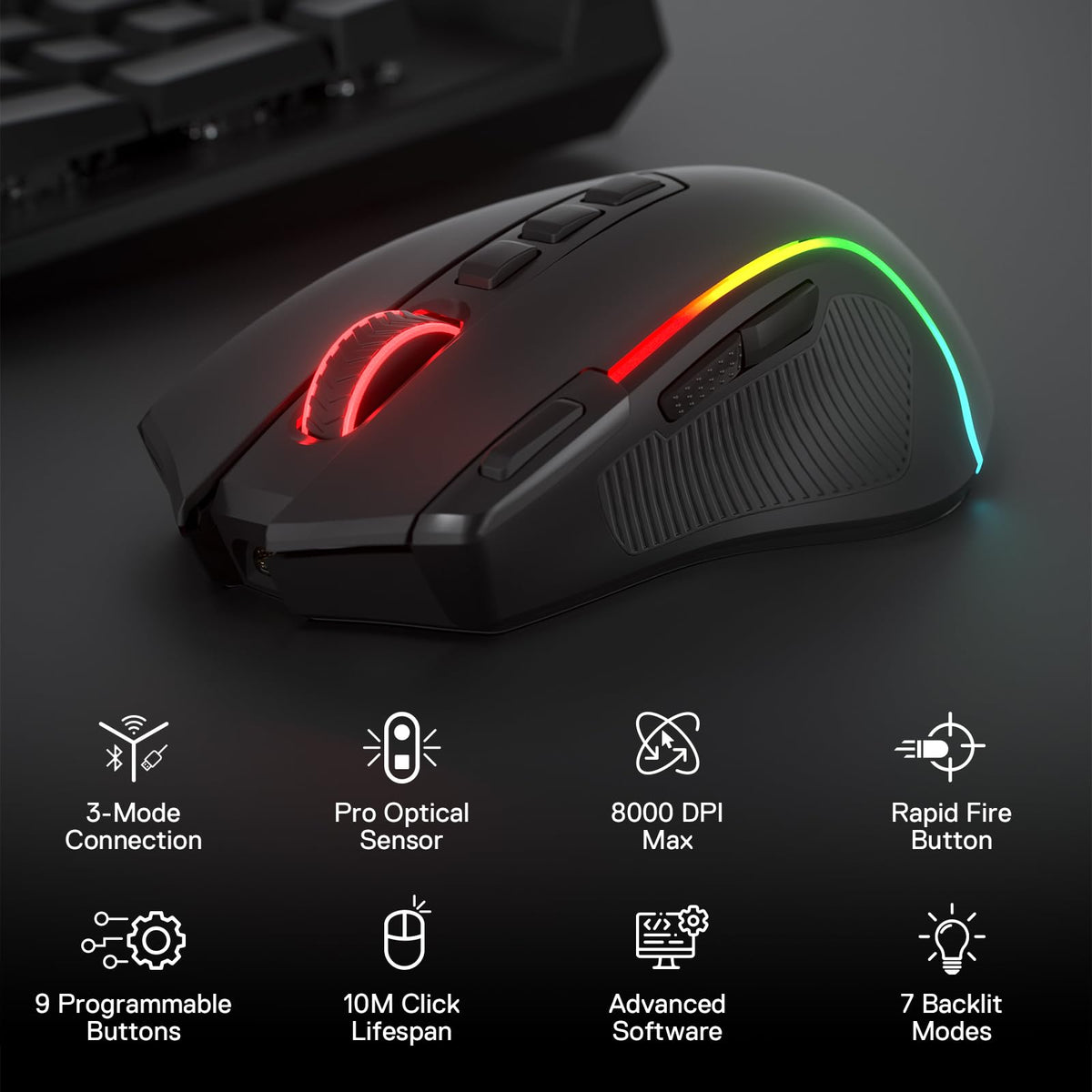 Redragon M612 Wired RGB Optical Gaming Mouse 8000 DPI Remapping Keys