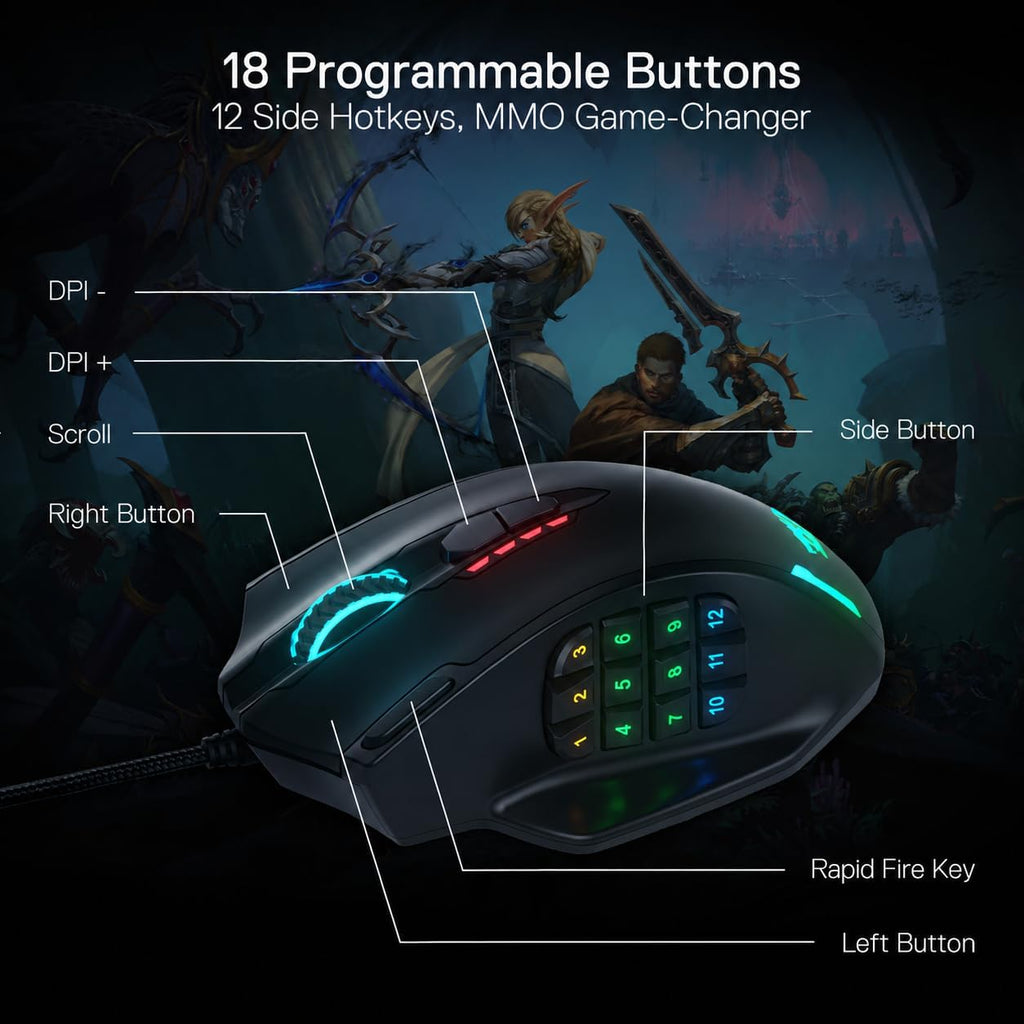 Redragon M908 Wired MMO RGB Gaming Mouse 12400 DPI Remapping Keys