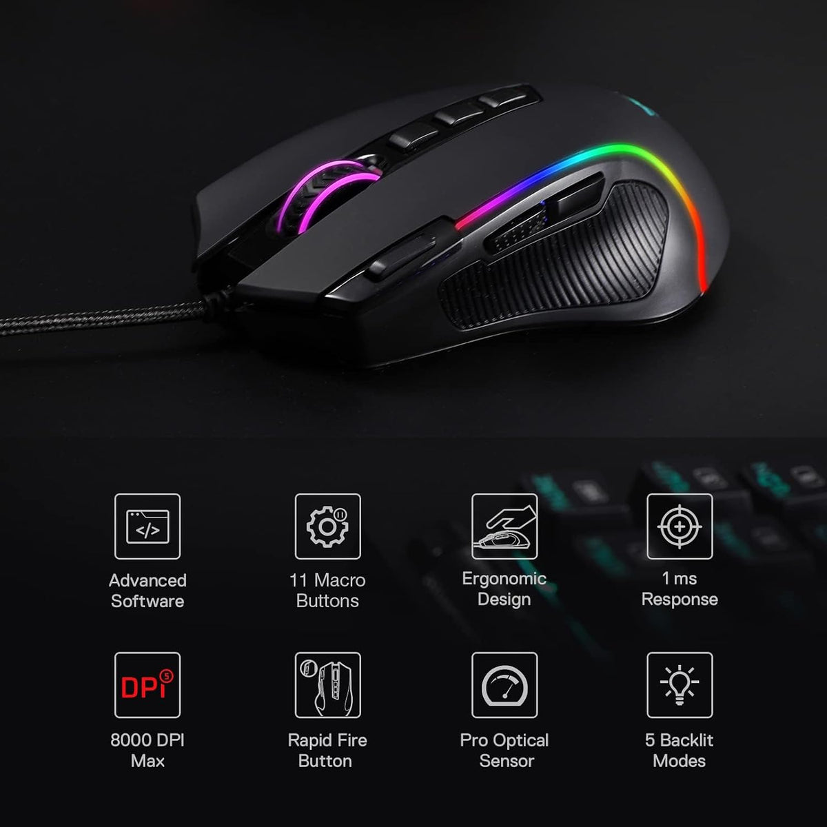 Redragon M612 Wired RGB Optical Gaming Mouse 8000 DPI Remapping Keys
