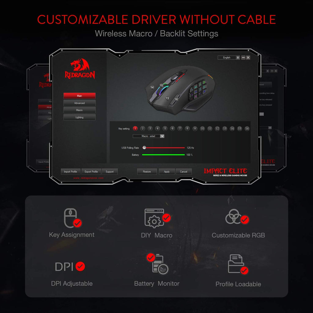 Redragon M908 Wired MMO RGB Gaming Mouse 12400 DPI Remapping Keys