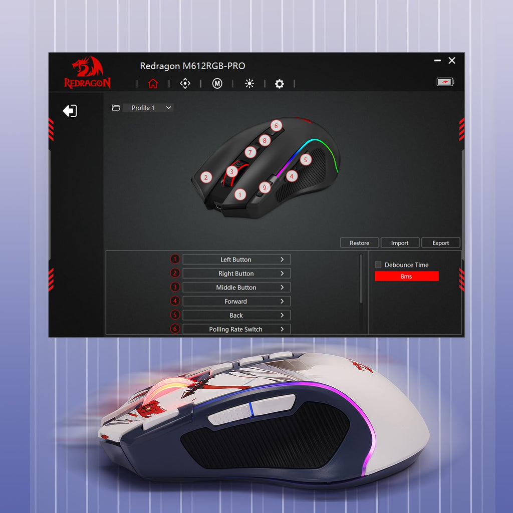 Redragon M612 Wired RGB Optical Gaming Mouse 8000 DPI Remapping Keys