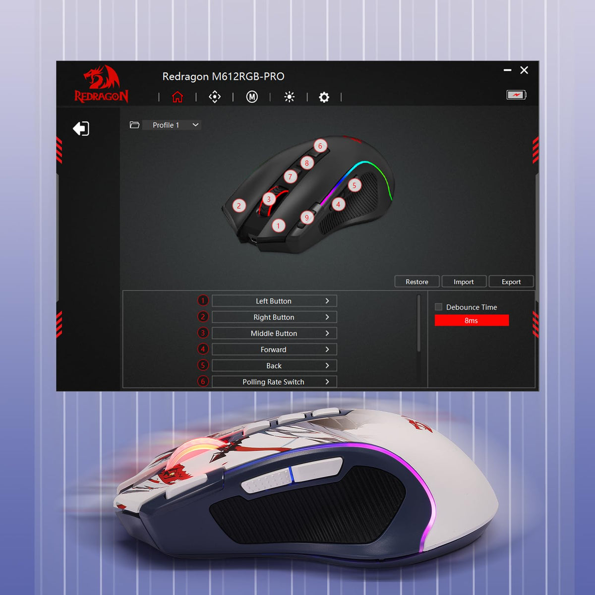 Redragon M612 Wired RGB Optical Gaming Mouse 8000 DPI Remapping Keys