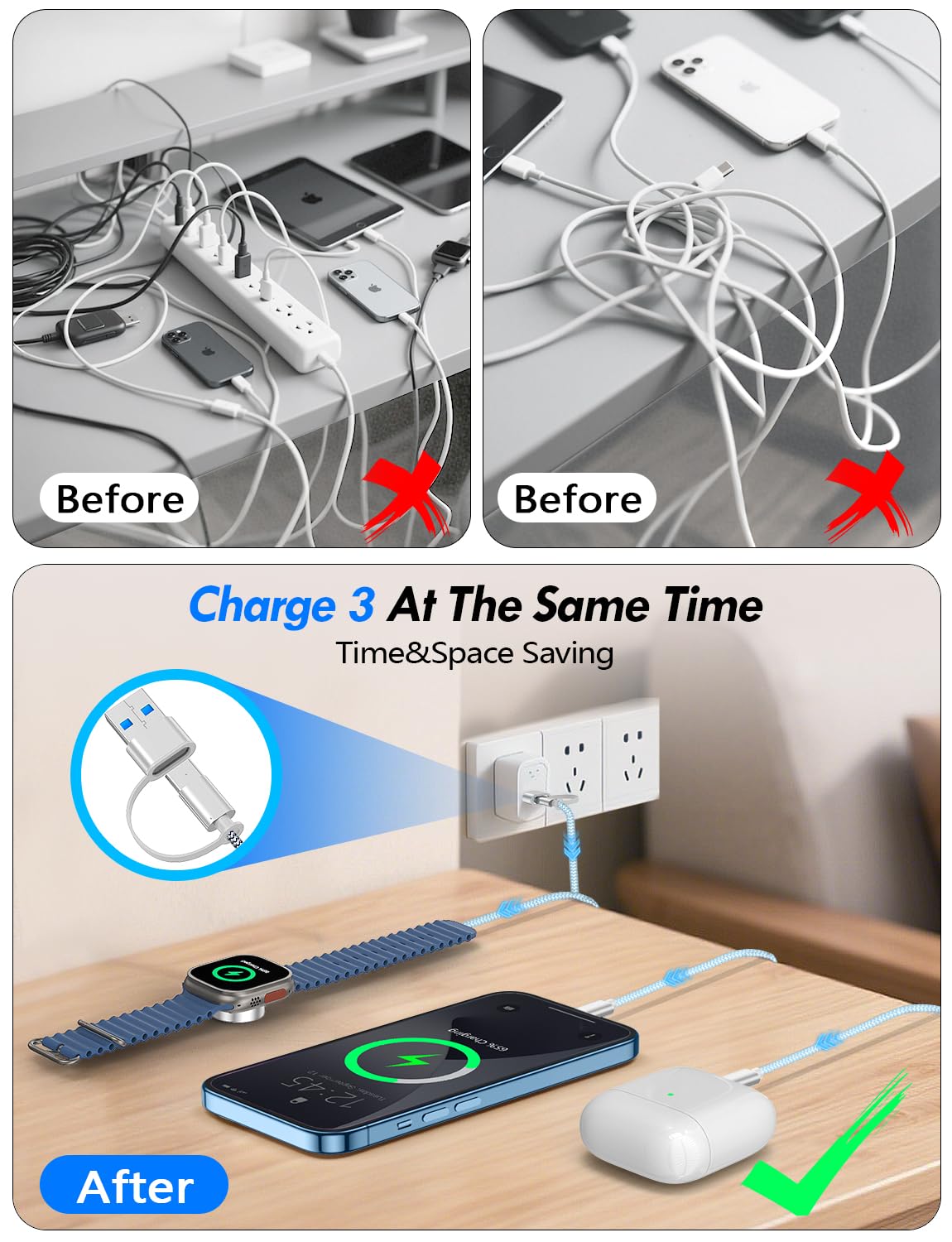 2Pack Travel Essentials for Apple Watch Charger,3-in-2 Multi Charging Cable