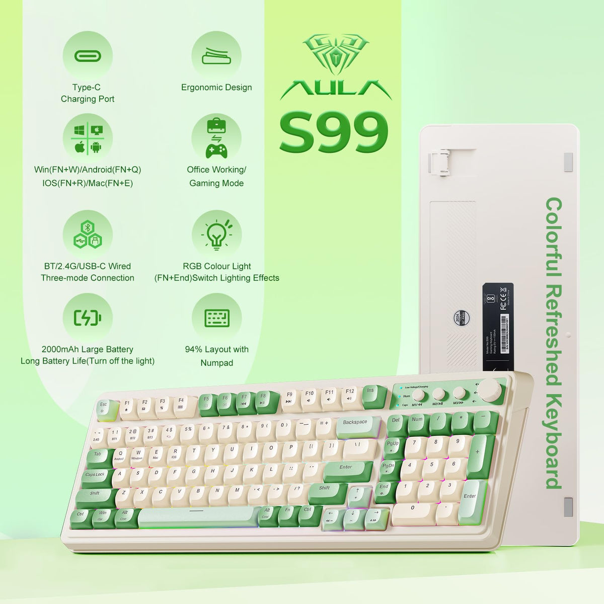 AULA 99 Key Keyboard, Wireless Gaming Keyboard Bluetooth Computer Keyboards