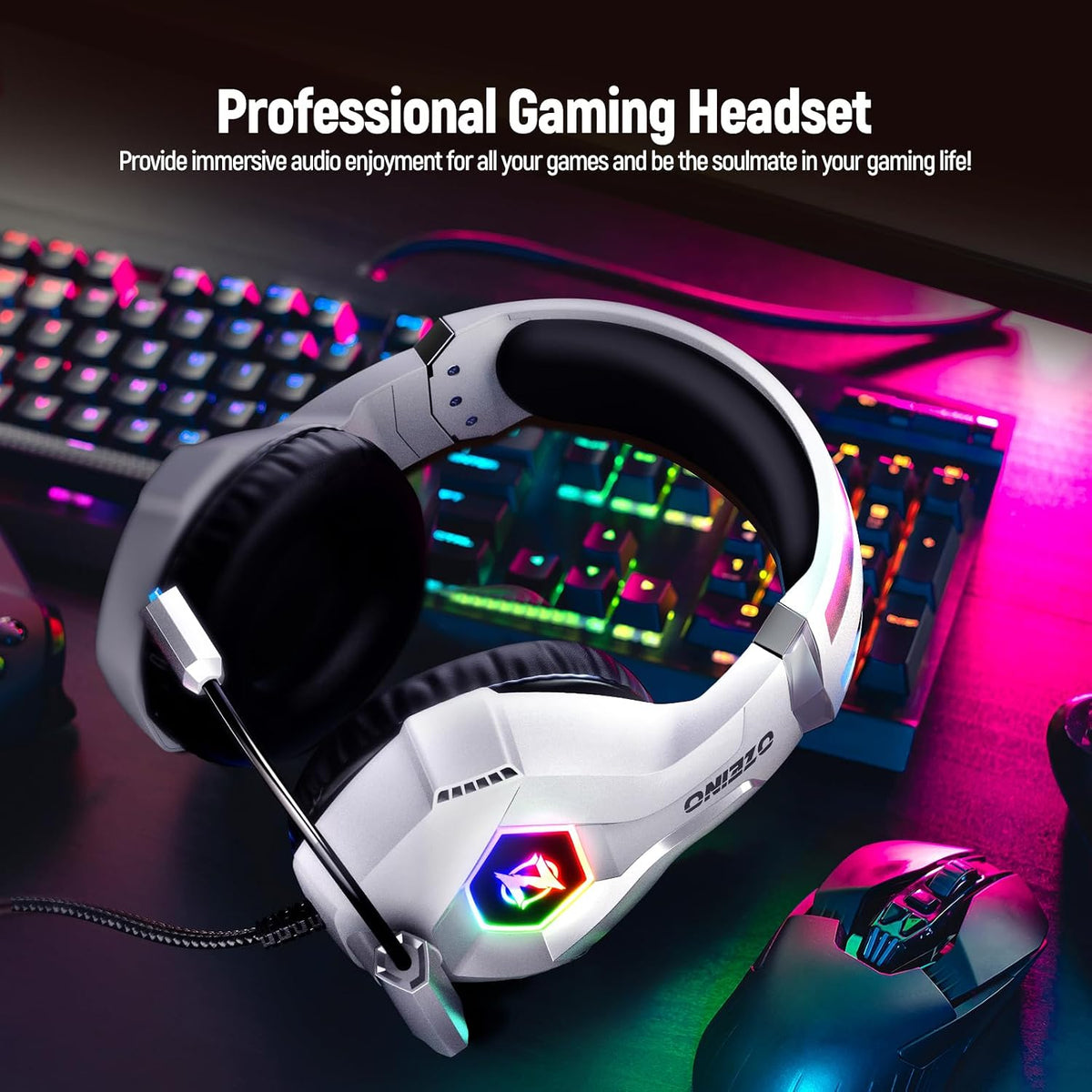 Ozeino Gaming Headset for PC, Ps4, Ps5, Xbox Headset with 7.1 Surround Sound Gaming Headphones with Noise Canceling Mic, LED Light Over Ear Headphones for Switch, Xbox Series X/S, Laptop, Mobile White