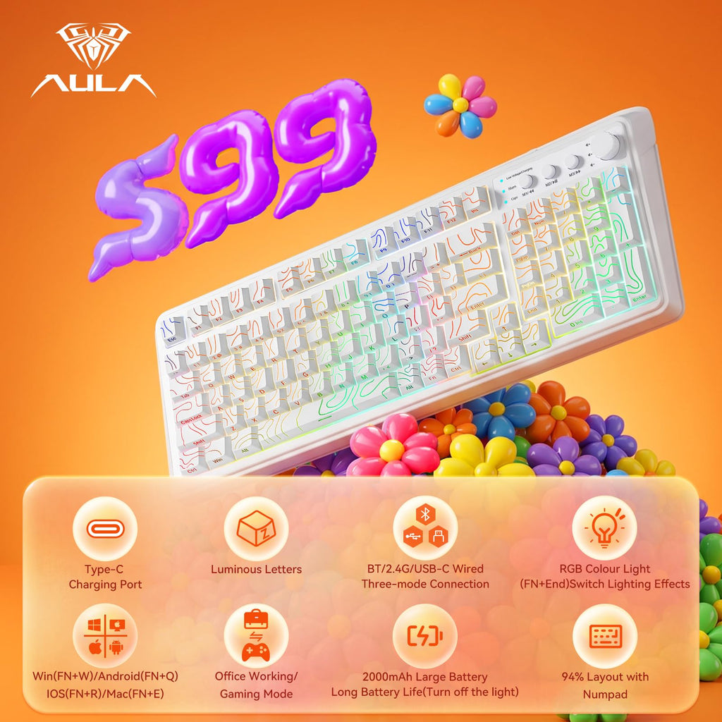 AULA 99 Key Keyboard, Wireless Gaming Keyboard Bluetooth Computer Keyboards