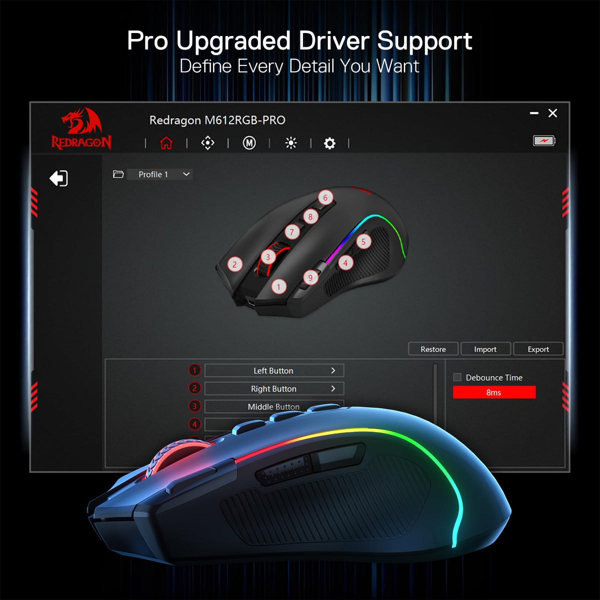 Redragon M612 Wired RGB Optical Gaming Mouse 8000 DPI Remapping Keys