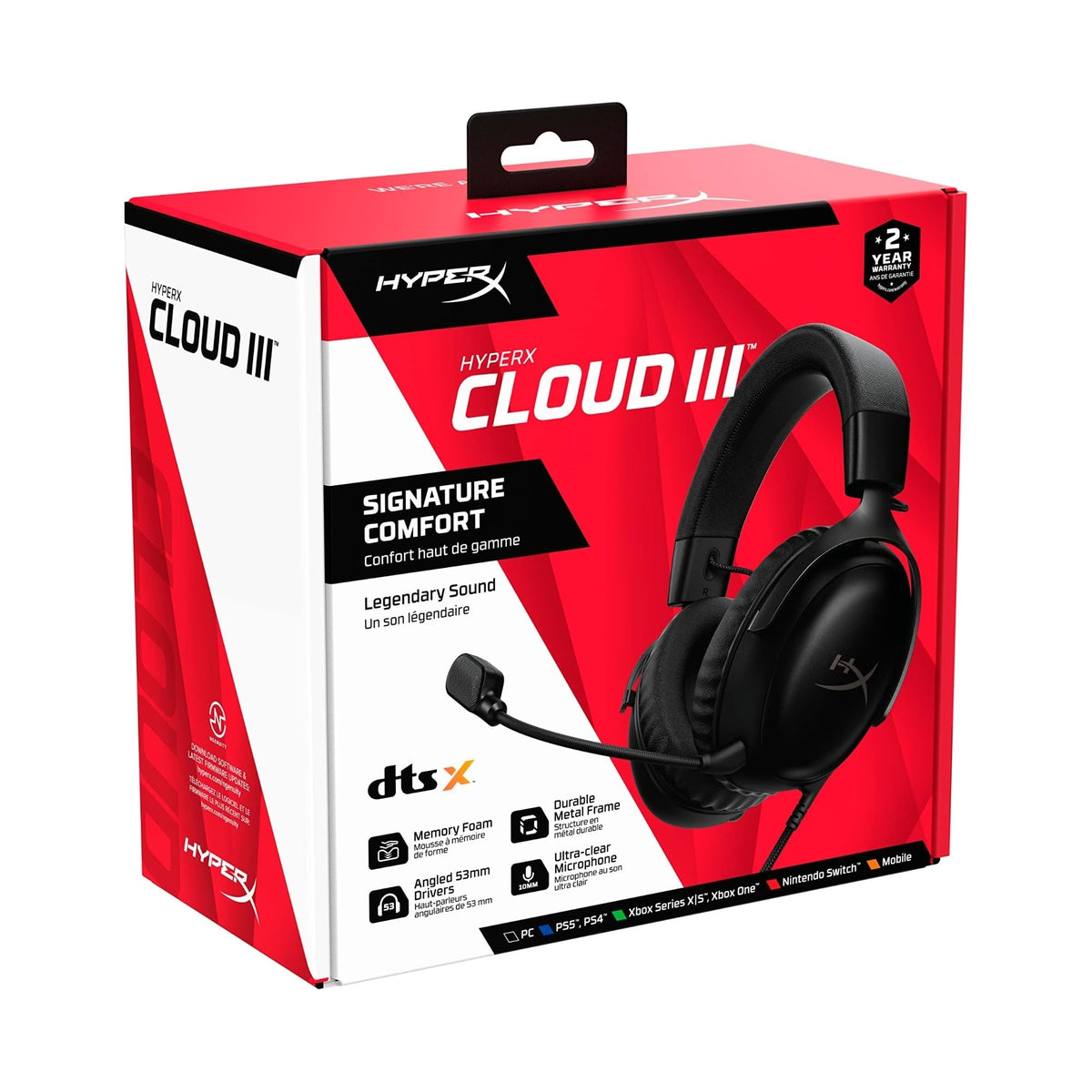 HyperX Cloud III – Wired Gaming Headset, PC, PS5, Xbox Series X|S, Angled 53mm Drivers, Spatial Audio, Memory Foam, Durable Frame, Ultra-Clear 10mm Mic, USB-C, USB-A, 3.5mm – Black/Red