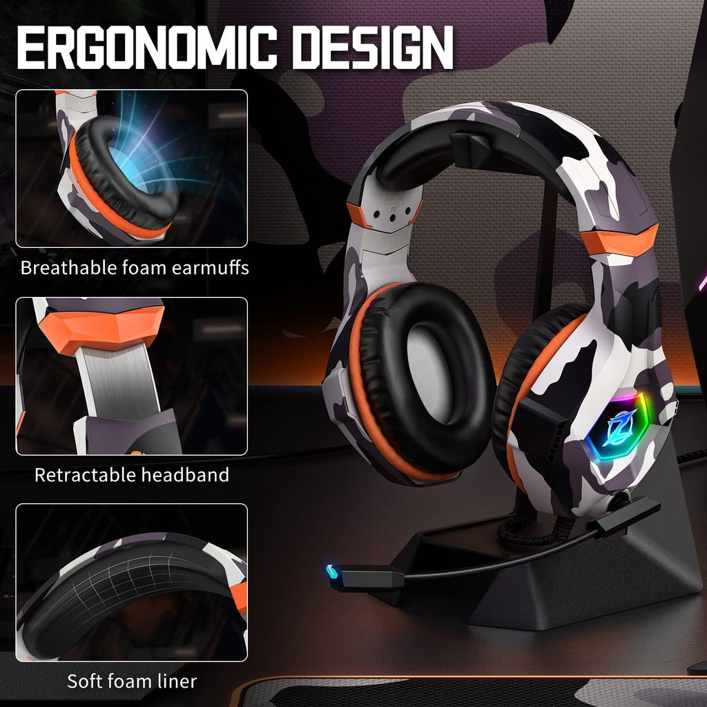 Ozeino Gaming Headset for PC, Ps4, Ps5, Xbox Headset with 7.1 Surround Sound Gaming Headphones with Noise Canceling Mic, LED Light Over Ear Headphones for Switch, Xbox Series X/S, Laptop, Mobile White