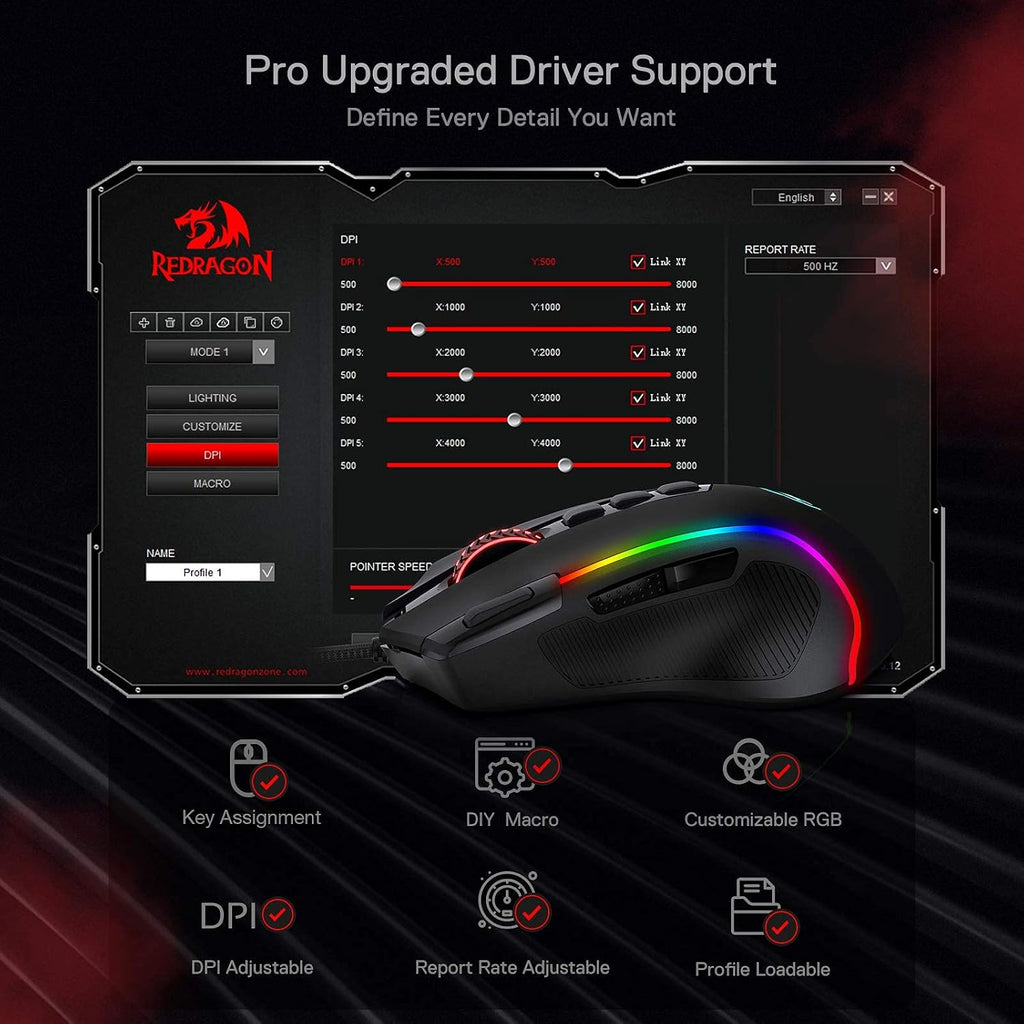 Redragon M612 Wired RGB Optical Gaming Mouse 8000 DPI Remapping Keys