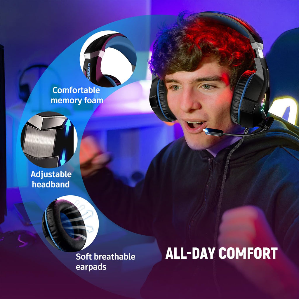 Ozeino Gaming Headset for PC, Ps4, Ps5, Xbox Headset with 7.1 Surround Sound Gaming Headphones with Noise Canceling Mic, LED Light Over Ear Headphones for Switch, Xbox Series X/S, Laptop, Mobile White