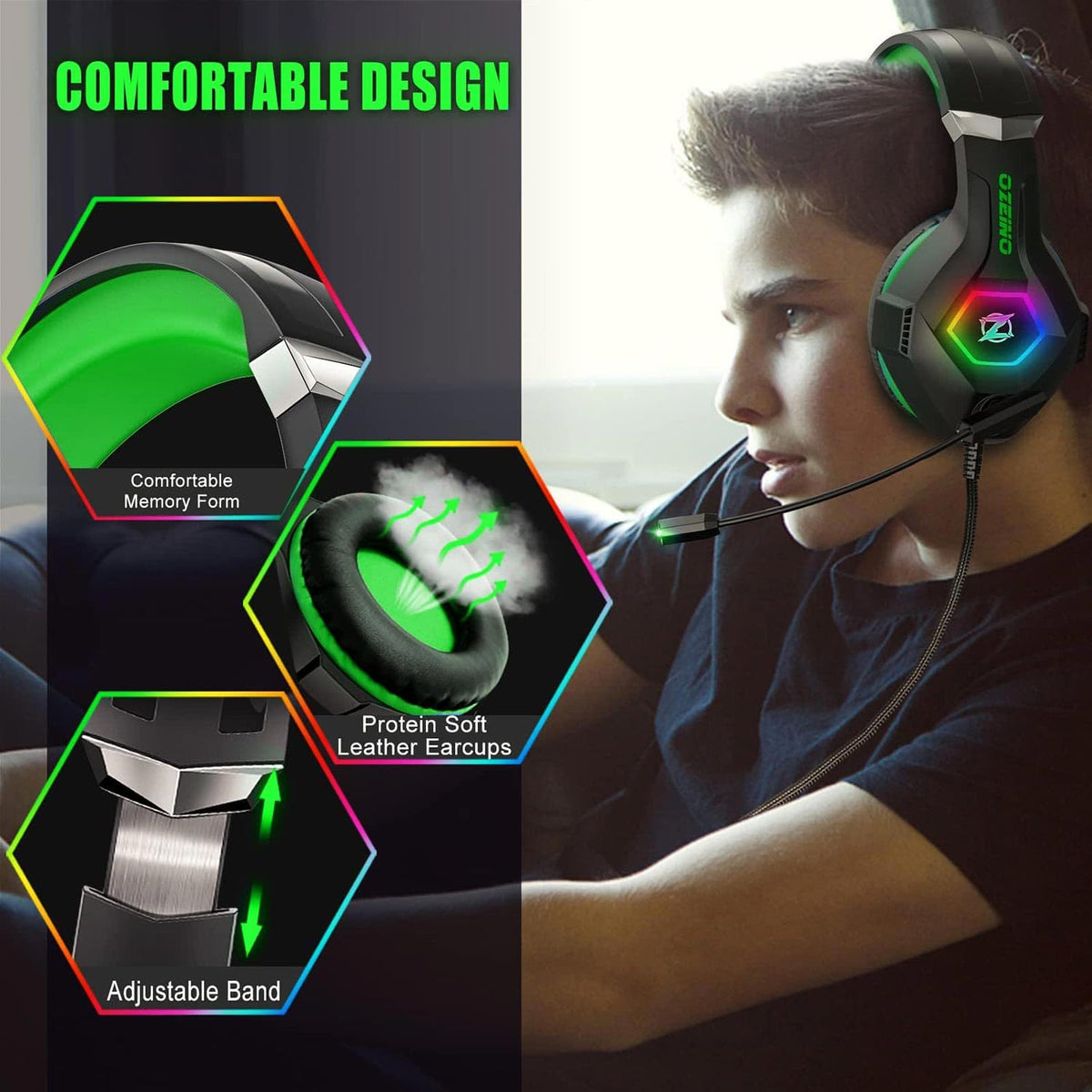 Ozeino Gaming Headset for PC, Ps4, Ps5, Xbox Headset with 7.1 Surround Sound Gaming Headphones with Noise Canceling Mic, LED Light Over Ear Headphones for Switch, Xbox Series X/S, Laptop, Mobile White