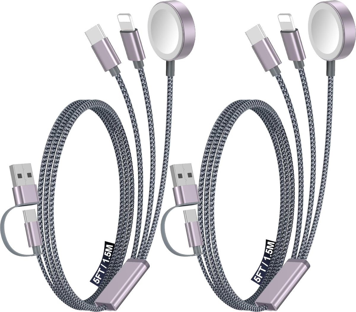 2Pack Travel Essentials for Apple Watch Charger,3-in-2 Multi Charging Cable