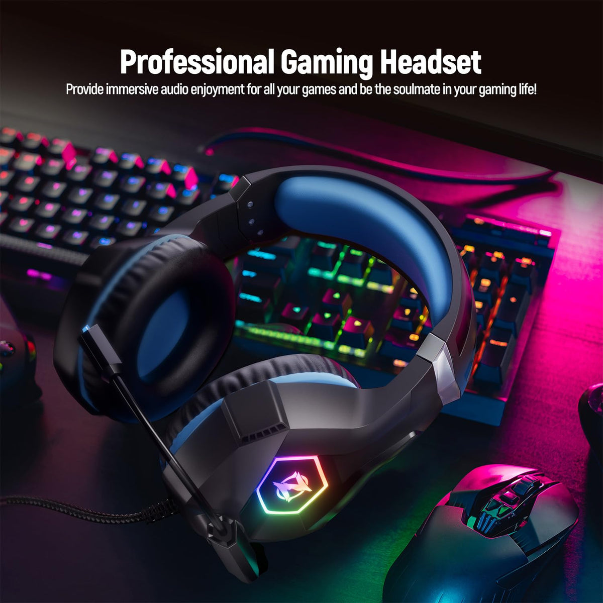 Ozeino Gaming Headset for PC, Ps4, Ps5, Xbox Headset with 7.1 Surround Sound Gaming Headphones with Noise Canceling Mic, LED Light Over Ear Headphones for Switch, Xbox Series X/S, Laptop, Mobile White