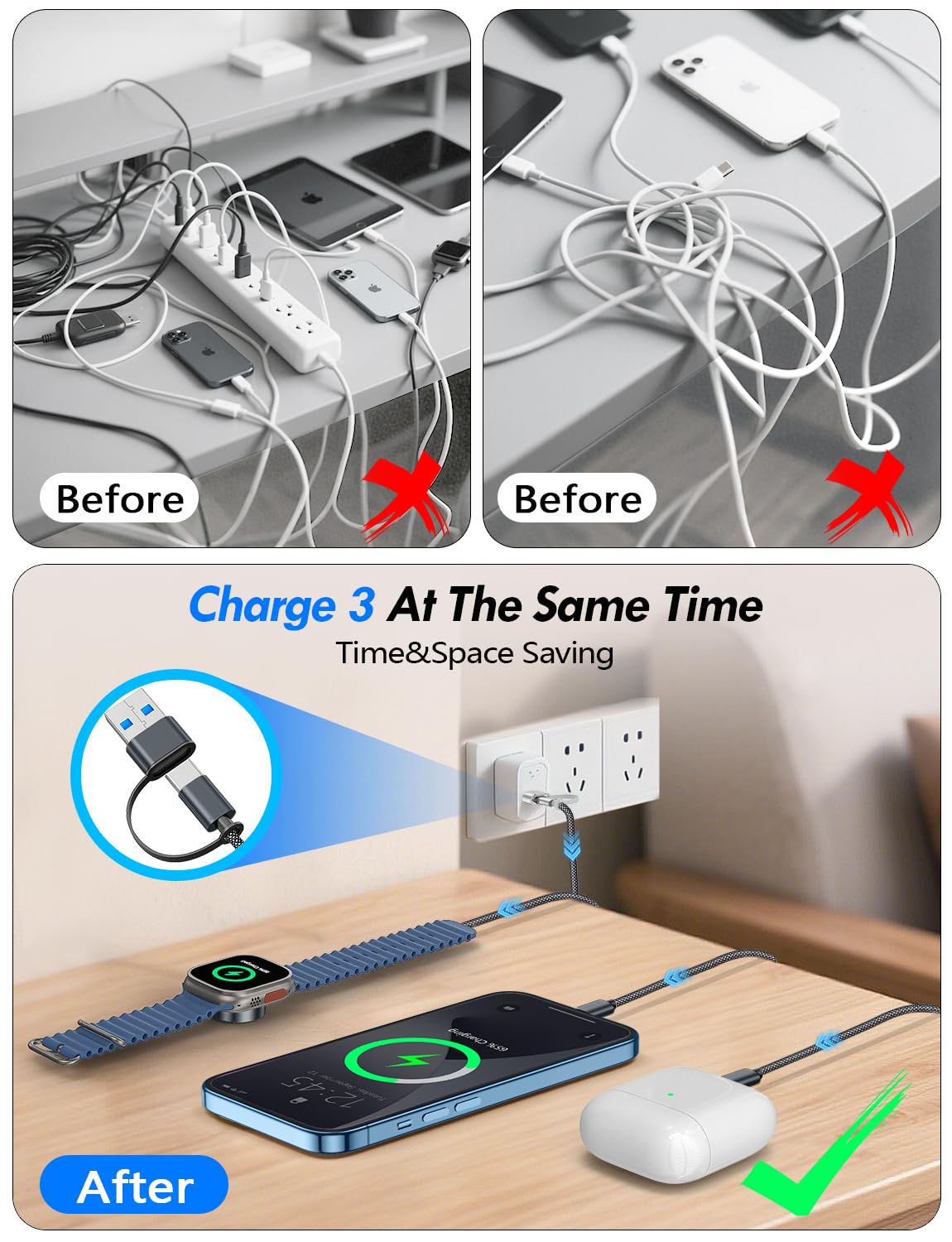 2Pack Travel Essentials for Apple Watch Charger,3-in-2 Multi Charging Cable