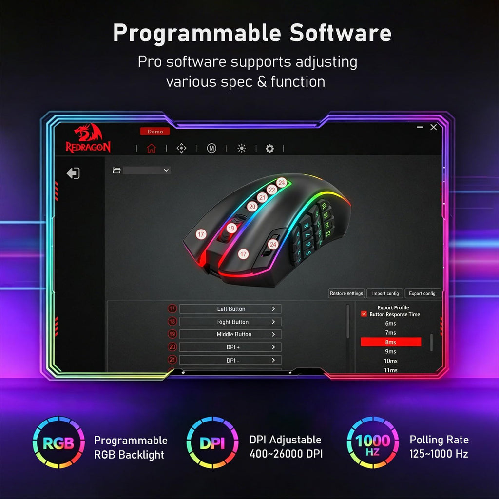Redragon M908 Wired MMO RGB Gaming Mouse 12400 DPI Remapping Keys