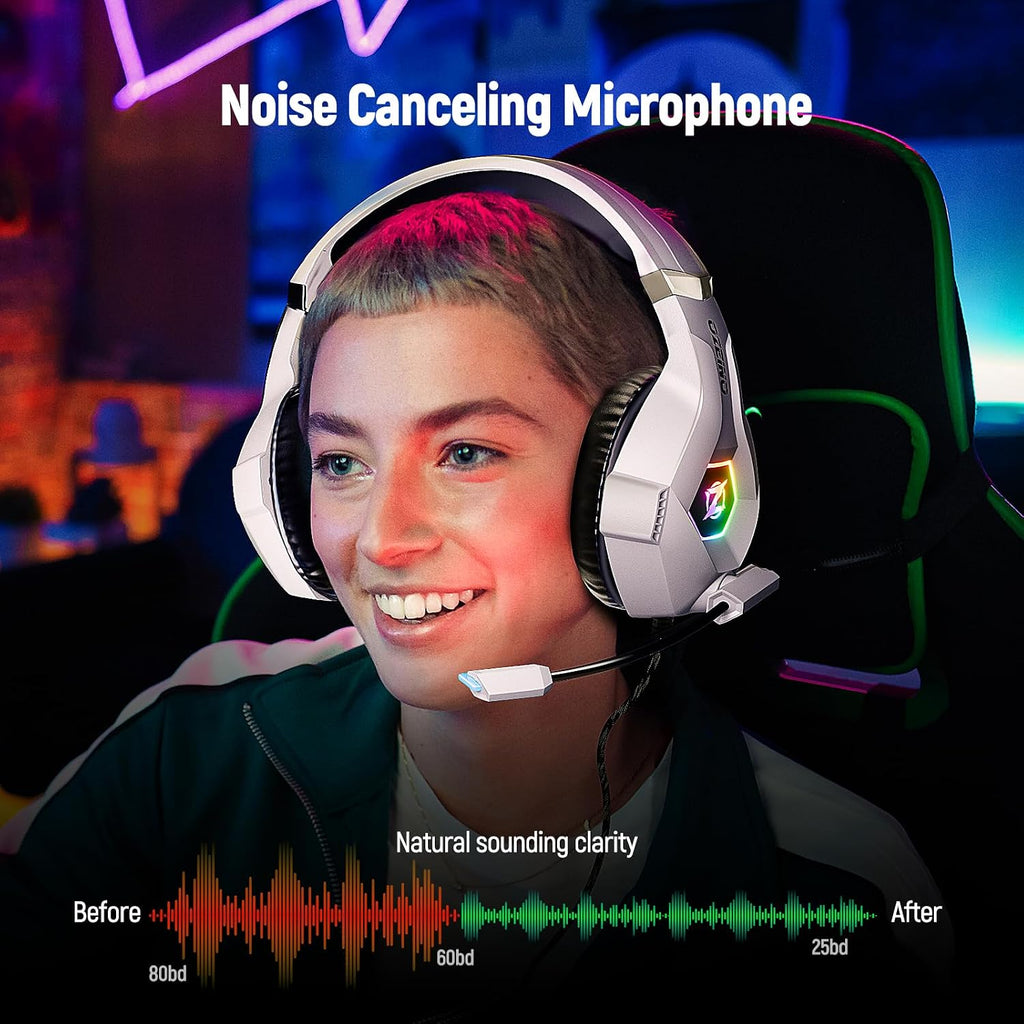 Ozeino Gaming Headset for PC, Ps4, Ps5, Xbox Headset with 7.1 Surround Sound Gaming Headphones with Noise Canceling Mic, LED Light Over Ear Headphones for Switch, Xbox Series X/S, Laptop, Mobile White