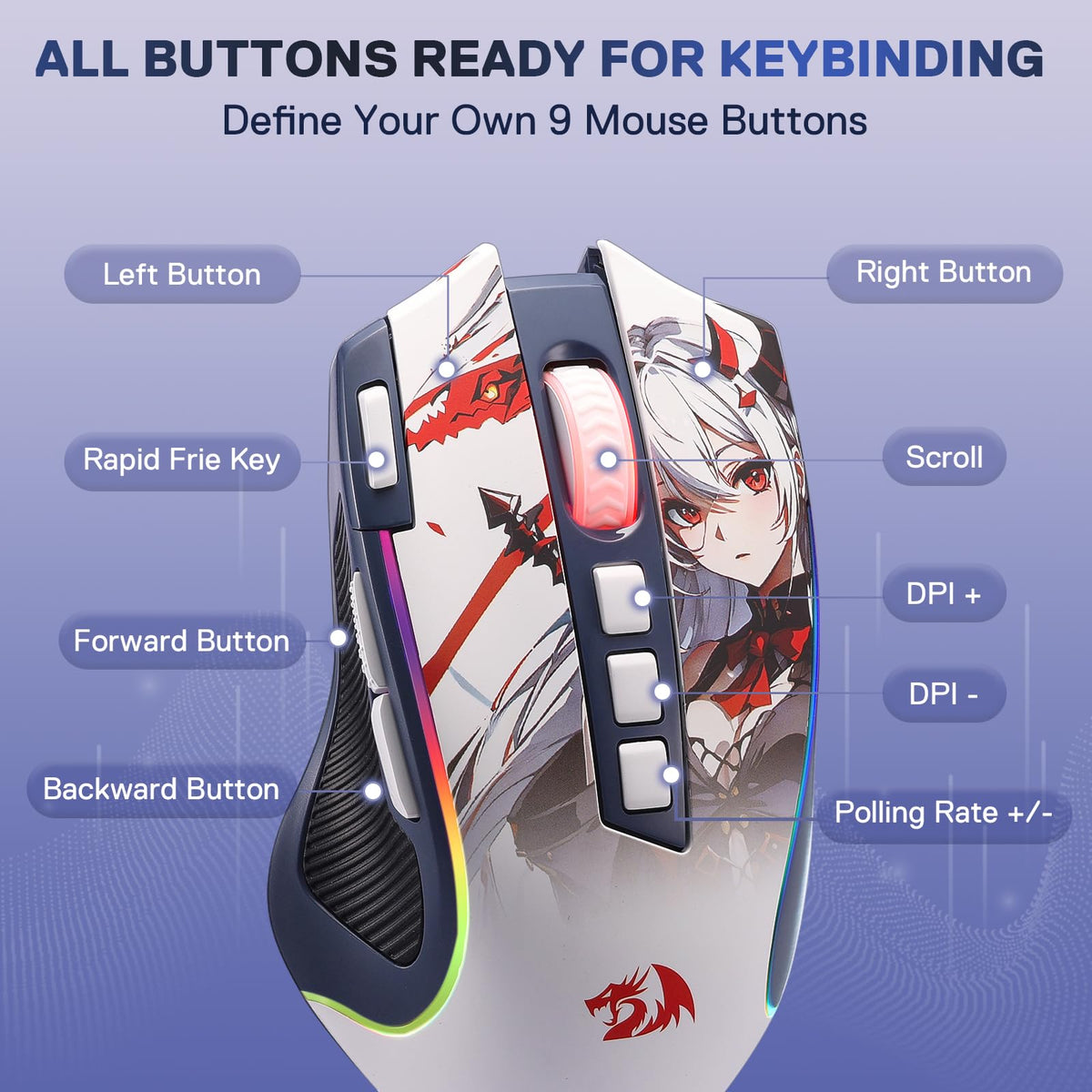 Redragon M612 Wired RGB Optical Gaming Mouse 8000 DPI Remapping Keys