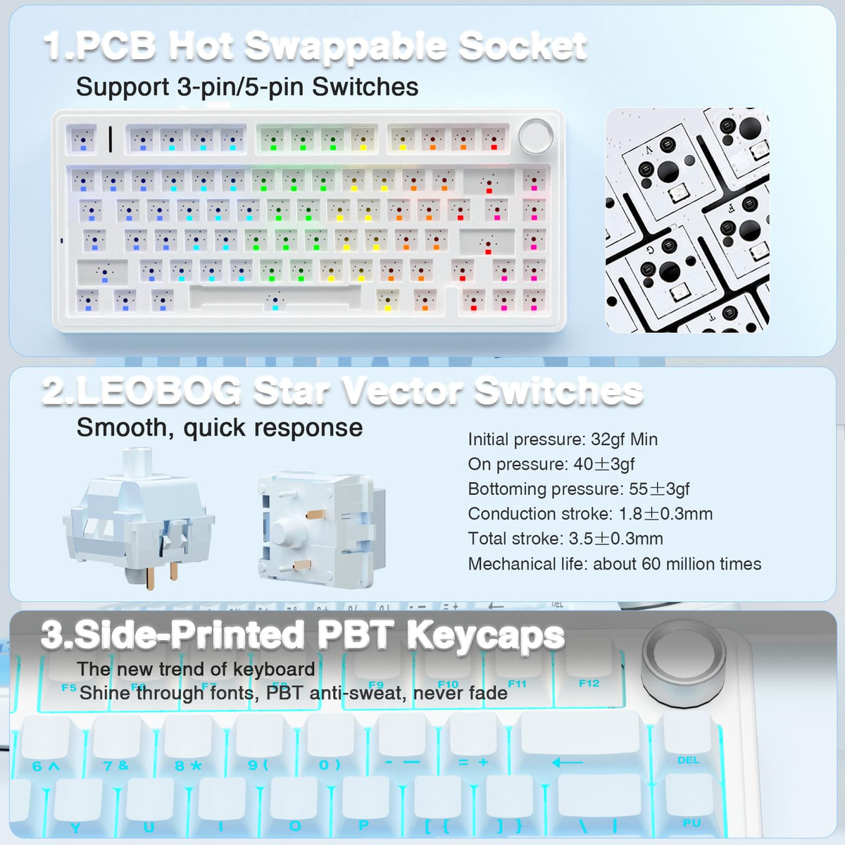 AULA F75 Pro Wireless Mechanical Keyboard,75% Hot Swappable Custom Keyboard with Knob,RGB Backlit,Pre-lubed Reaper Switches,Side Printed PBT Keycaps,2.4GHz/USB-C/BT5.0 Mechanical Gaming Keyboards