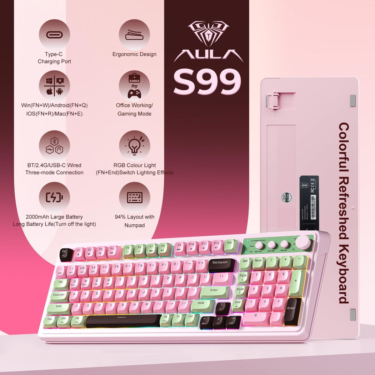 AULA 99 Key Keyboard, Wireless Gaming Keyboard Bluetooth Computer Keyboards