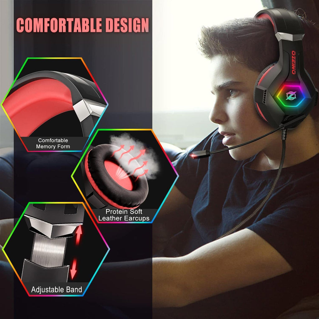 Ozeino Gaming Headset for PC, Ps4, Ps5, Xbox Headset with 7.1 Surround Sound Gaming Headphones with Noise Canceling Mic, LED Light Over Ear Headphones for Switch, Xbox Series X/S, Laptop, Mobile White