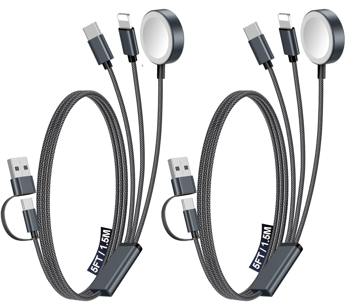 2Pack Travel Essentials for Apple Watch Charger,3-in-2 Multi Charging Cable
