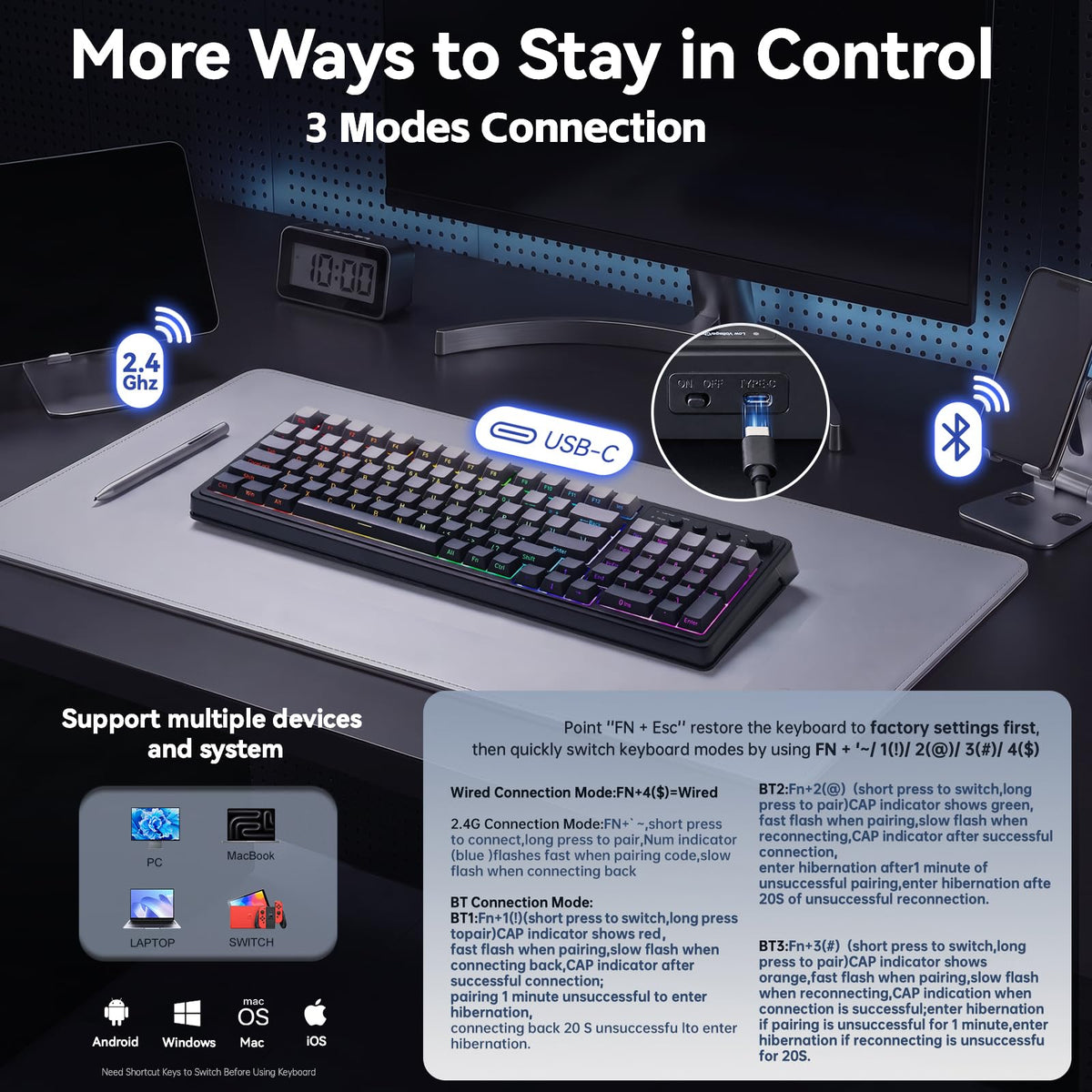 AULA 99 Key Keyboard, Wireless Gaming Keyboard Bluetooth Computer Keyboards