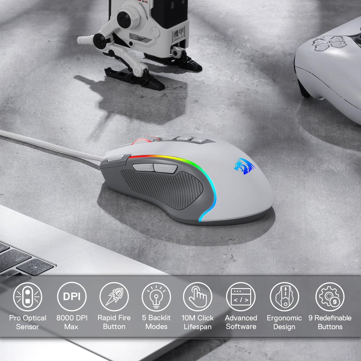 Redragon M612 Wired RGB Optical Gaming Mouse 8000 DPI Remapping Keys