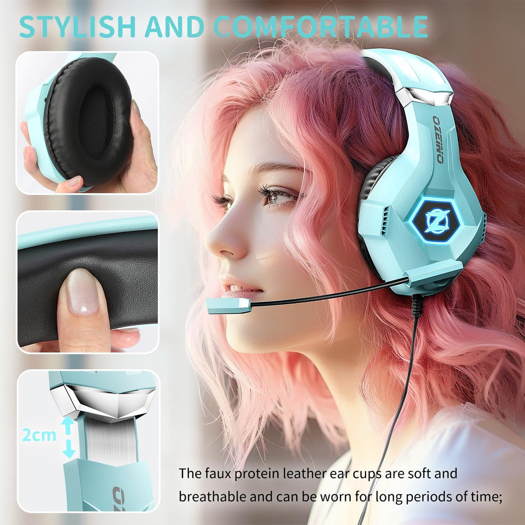Ozeino Gaming Headset for PC, Ps4, Ps5, Xbox Headset with 7.1 Surround Sound Gaming Headphones with Noise Canceling Mic, LED Light Over Ear Headphones for Switch, Xbox Series X/S, Laptop, Mobile White