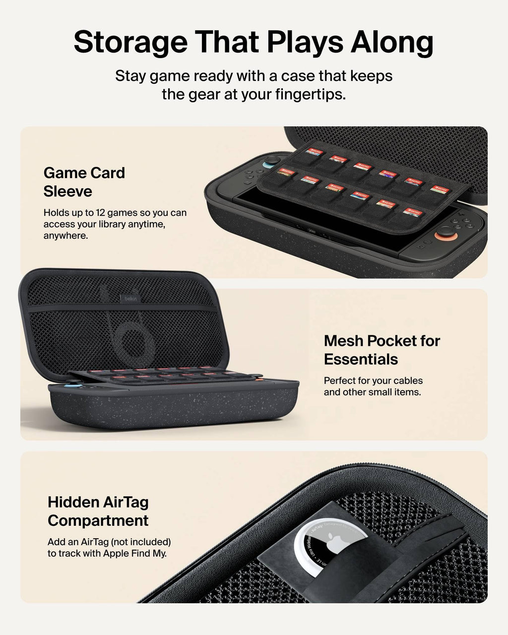 Belkin Nintendo Switch 2 Case, Slim Carrying Travel Bag with AirTag Holder